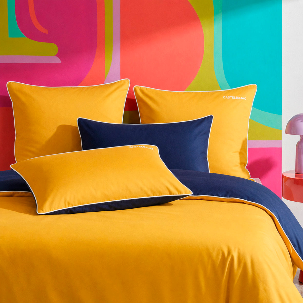 Duvet cover + pillowcase cotton satin - Uni piping - Honey gold / Navy blue