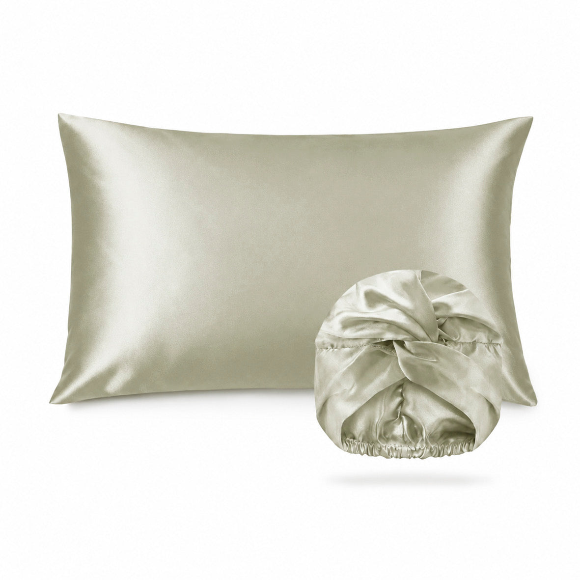 2-piece set with nightcap - 100% mulberry silk 19 momme - Brume de soie - sage green 50 x 70 cm + 20 x 30 cm