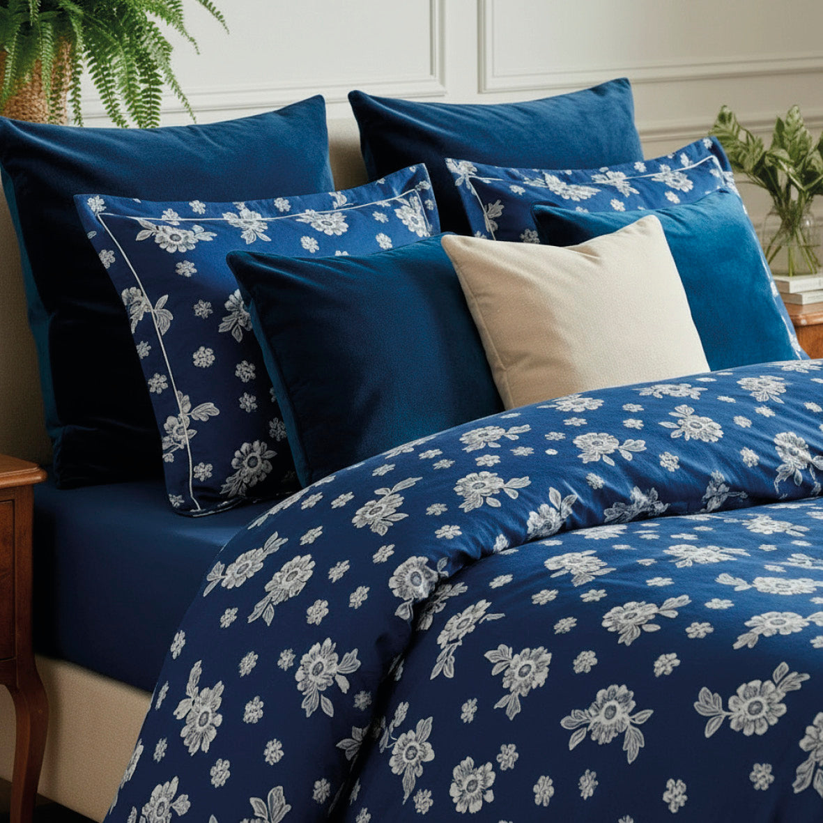 Duvet cover + pillowcase cotton satin - Blossom Dark blue