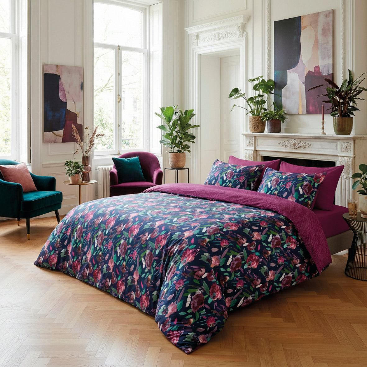 Duvet cover + pillowcase cotton satin - Arty flowers Dark blue