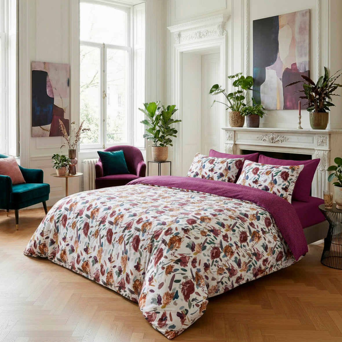 Pillowcase cotton satin - Arty flowers White