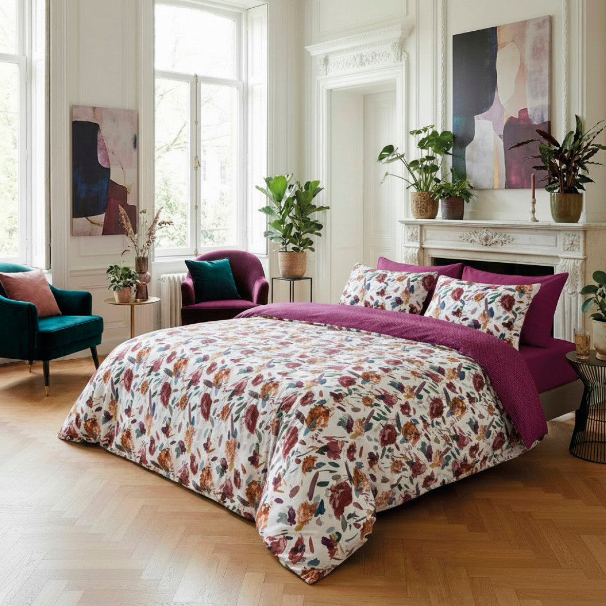 Bedspread cotton satin Arty flowers White - 220 x 250 cm