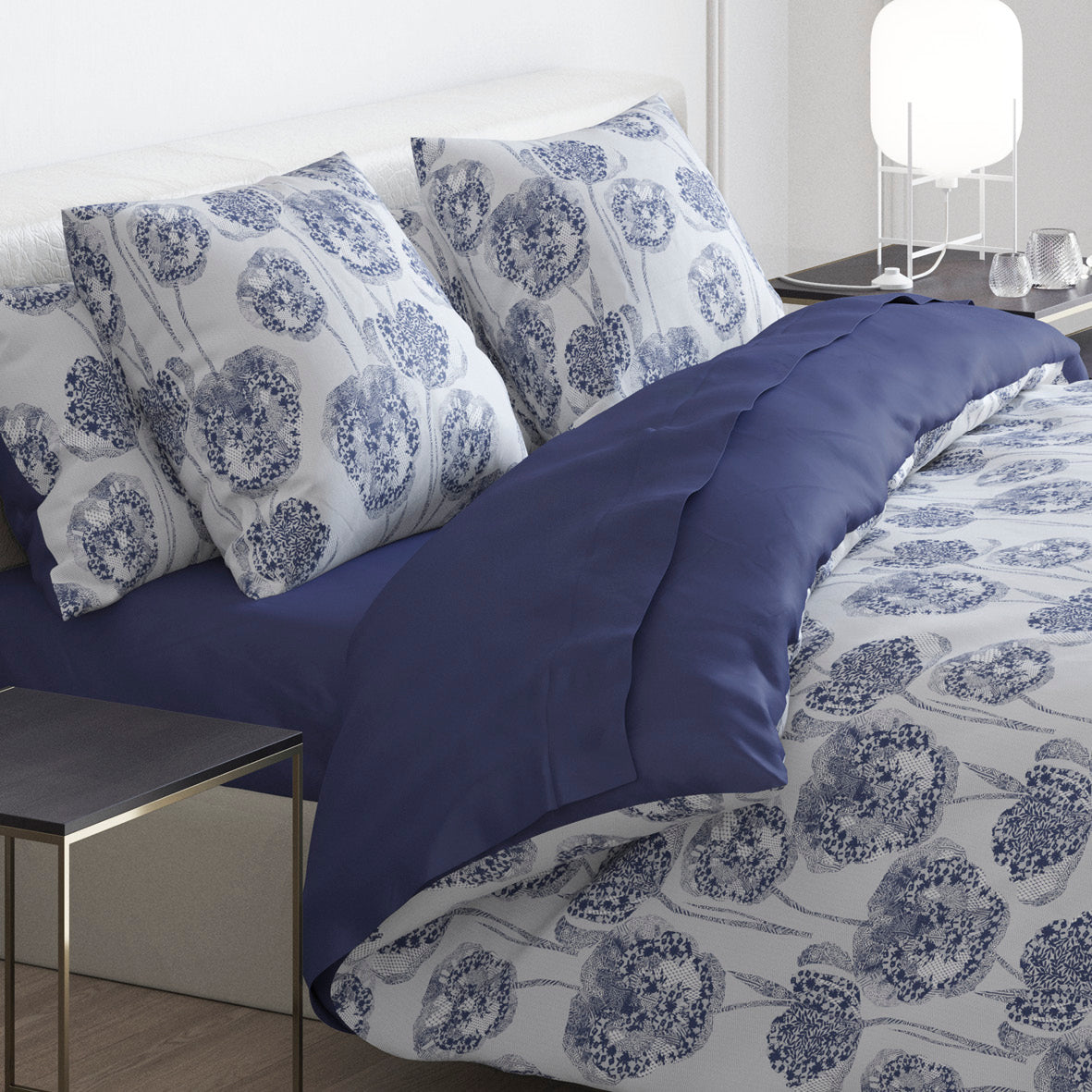 Duvet cover + pillowcase(s) cotton satin - Lace Blue