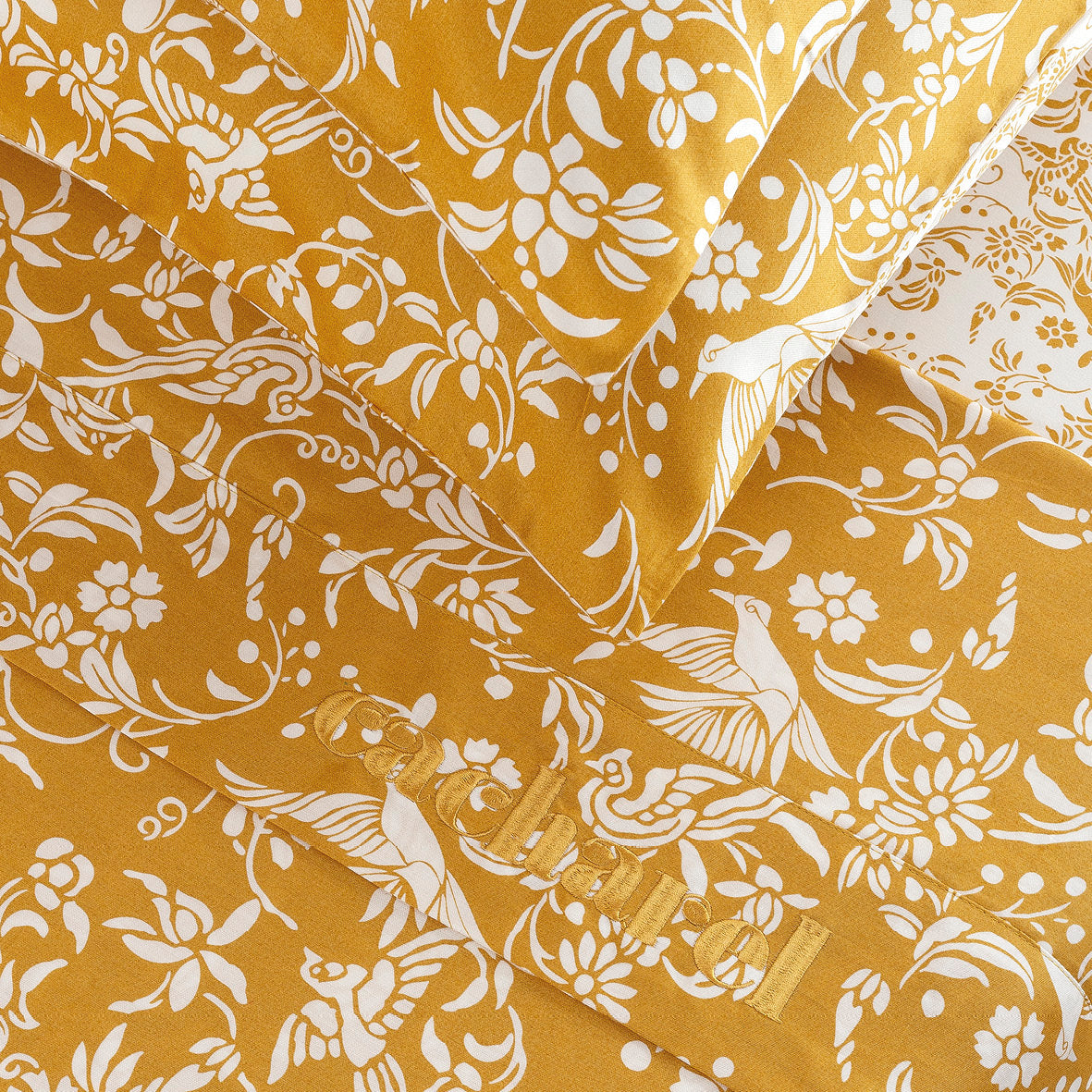 Sheet set : fitted sheet, flat sheet, pillowcase(s) in satin cotton - Birds yellow