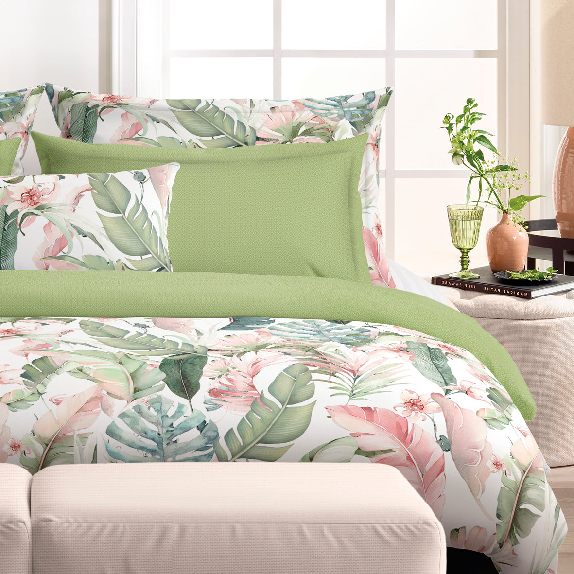 Flat sheet cotton satin - Marie fleurs Green