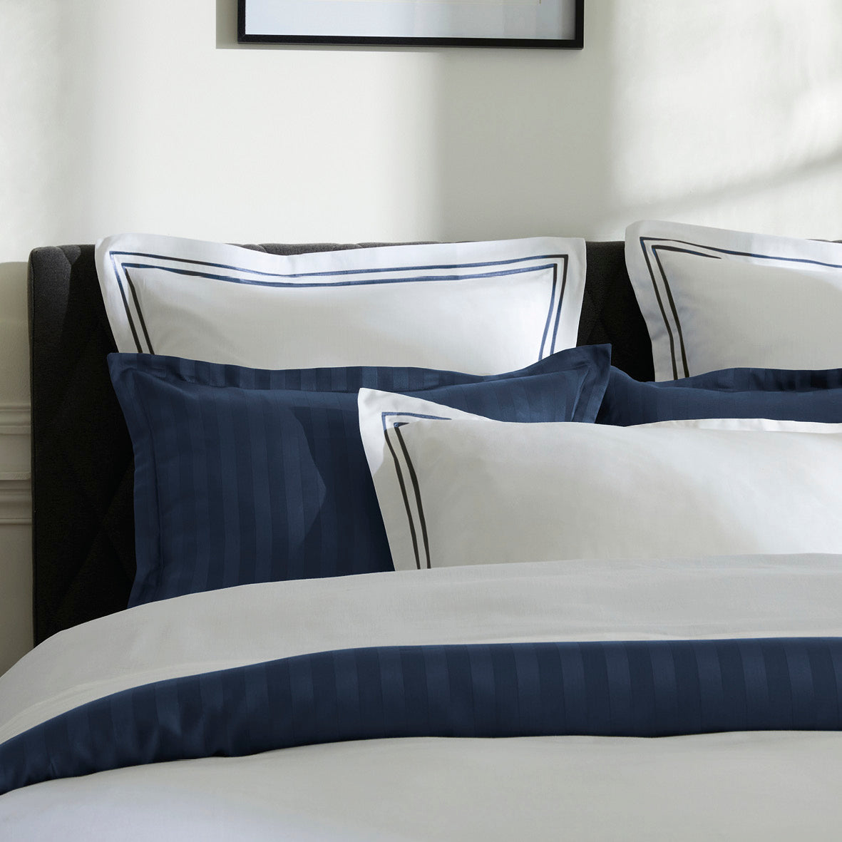 Flat sheet cotton satin - La Rochelle Dark blue / White