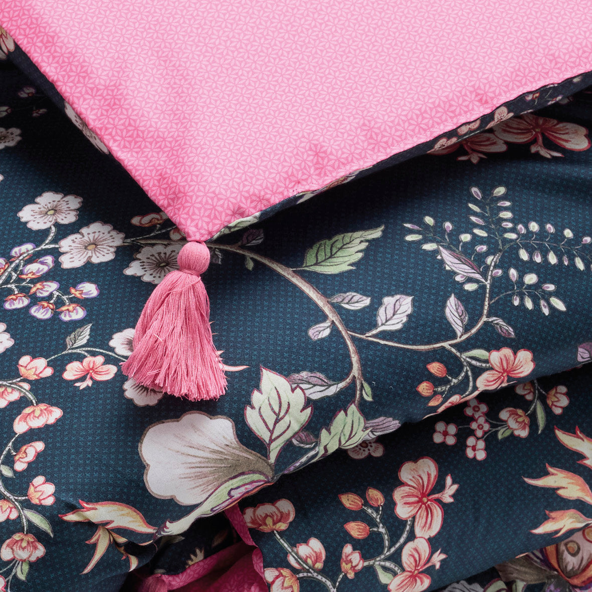 Quilt with tassels Jardin secret Dark blue / Pink - 140 x 200 cm