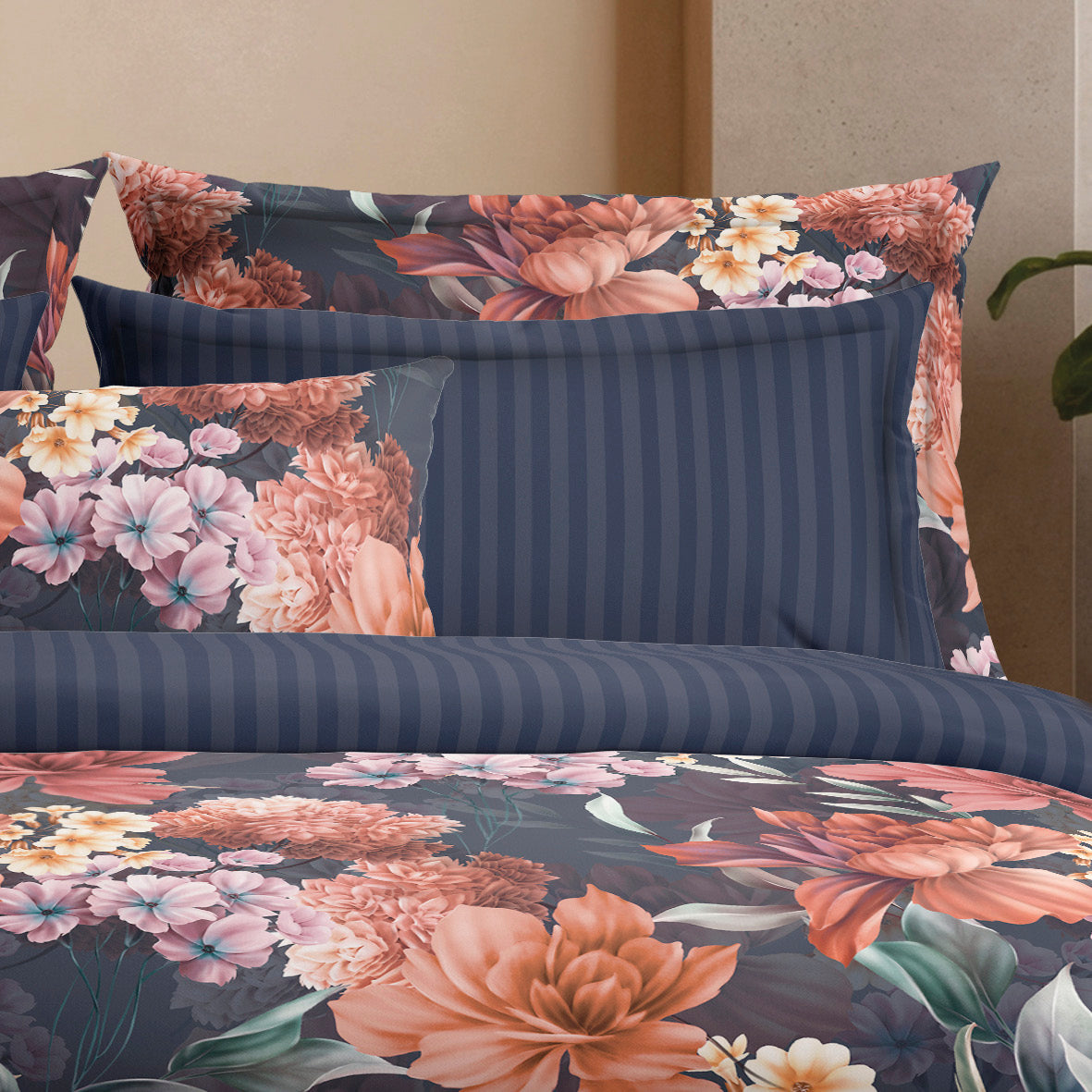 Duvet cover + pillowcase(s) cotton satin - Douceur caramel Dark blue