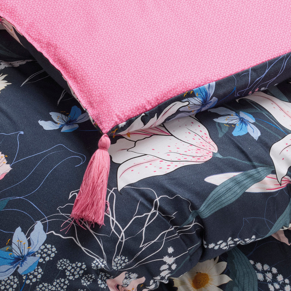 Quilt with tassels Fleur de minuit Dark blue / Pink - 140 x 200 cm