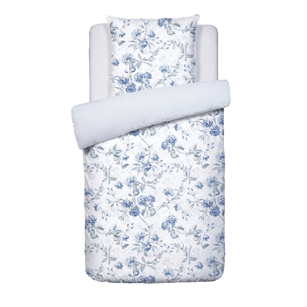 Housse de couette + taie(s) d'oreiller satin de coton - Fleurs azurées Blanc