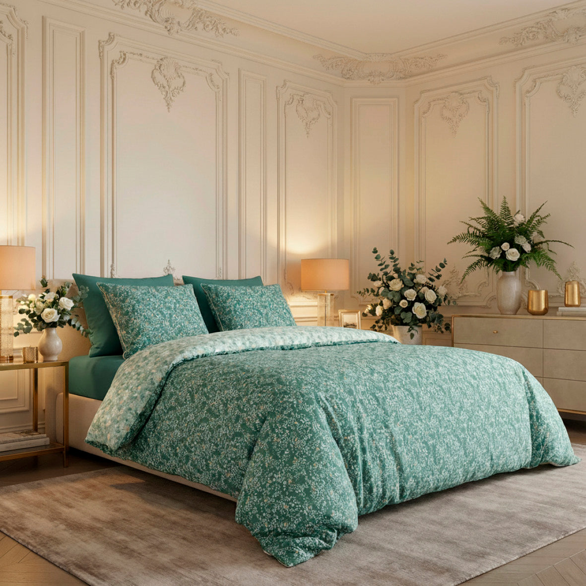 Duvet cover + pillowcase cotton satin - Feuillage fleuri Dark green