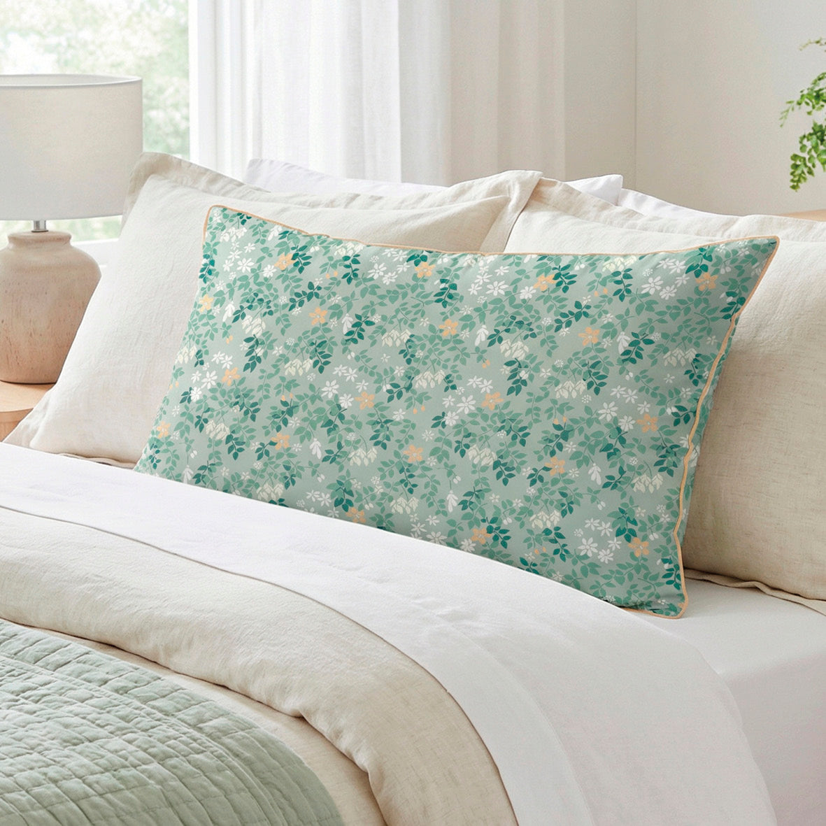 Duvet cover + pillowcase cotton satin - Feuillage fleuri Light green / Light green