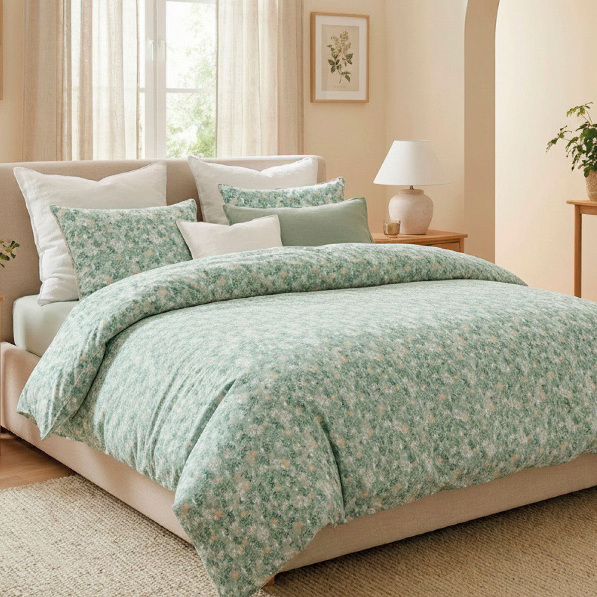 Pillowcase cotton satin - Feuillage fleuri Light green / Light green