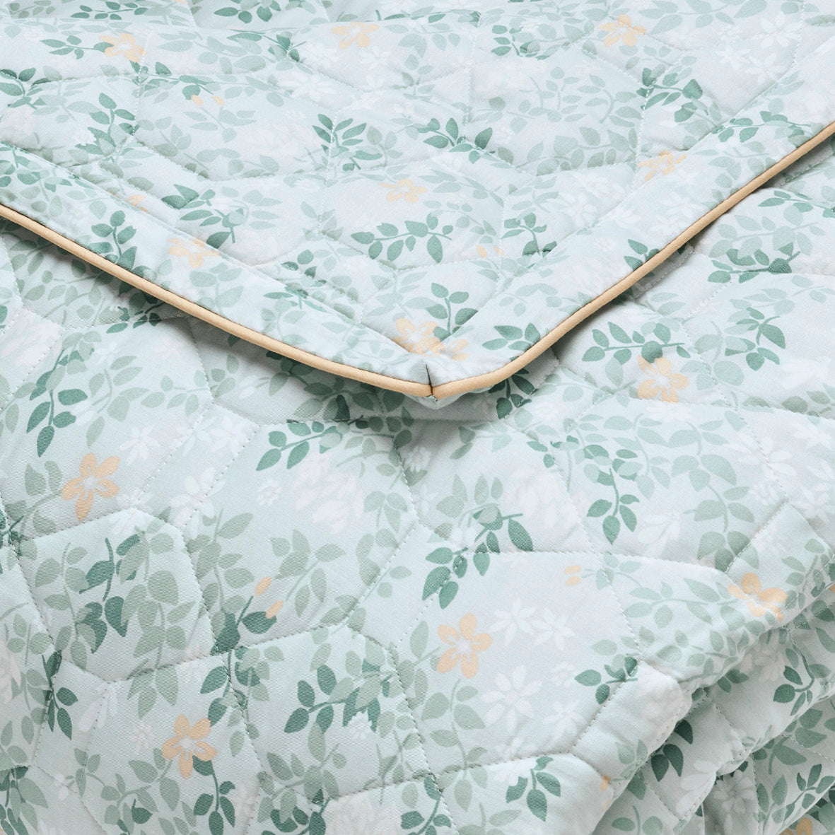 Bedspread cotton satin - Feuillage fleuri Light green / Light green