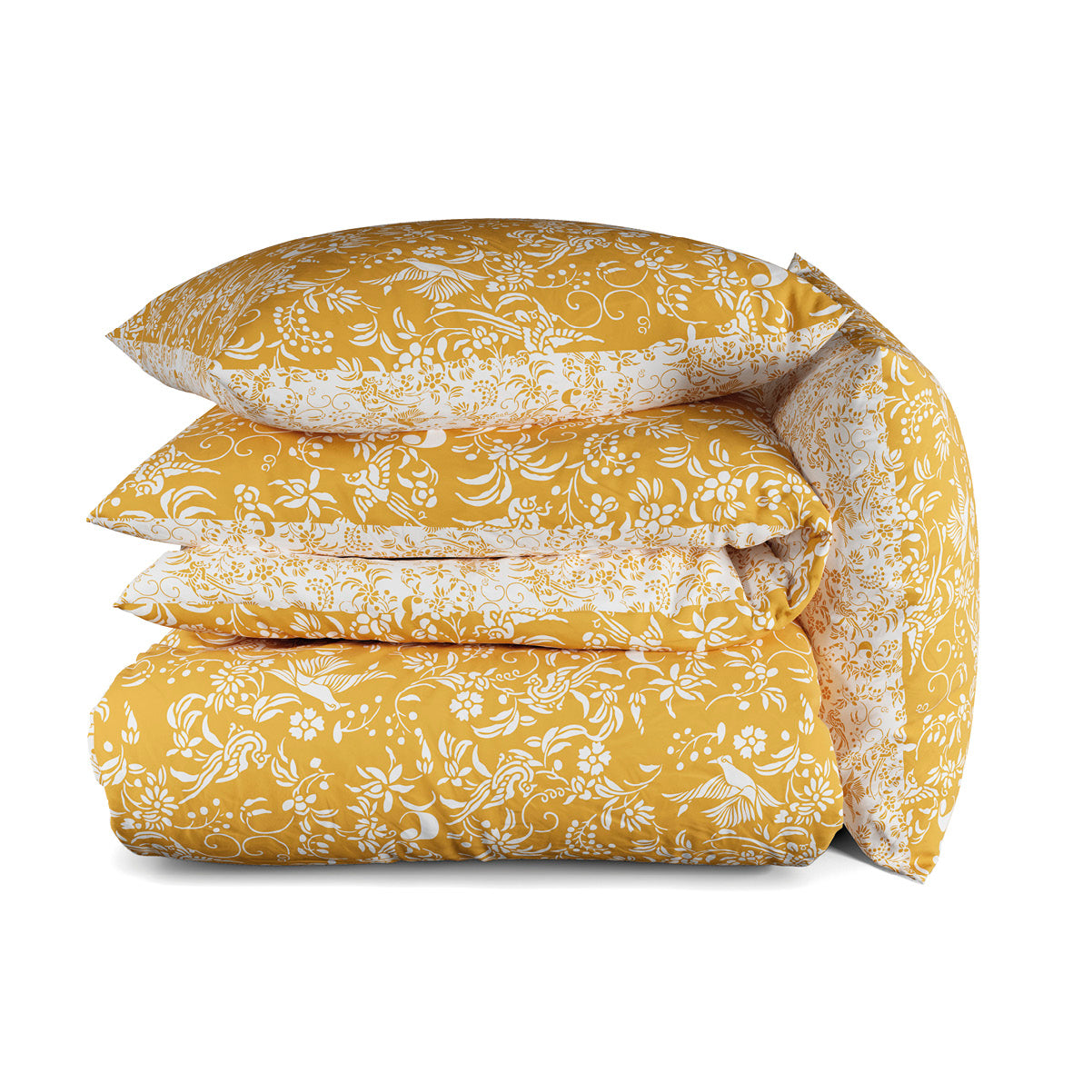 Duvet cover + pillowcase(s) cotton satin - Birds Yellow
