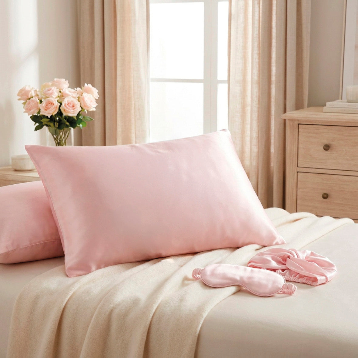 Pillowcase + eyemask + nightcap silk - Lunéia Light pink
