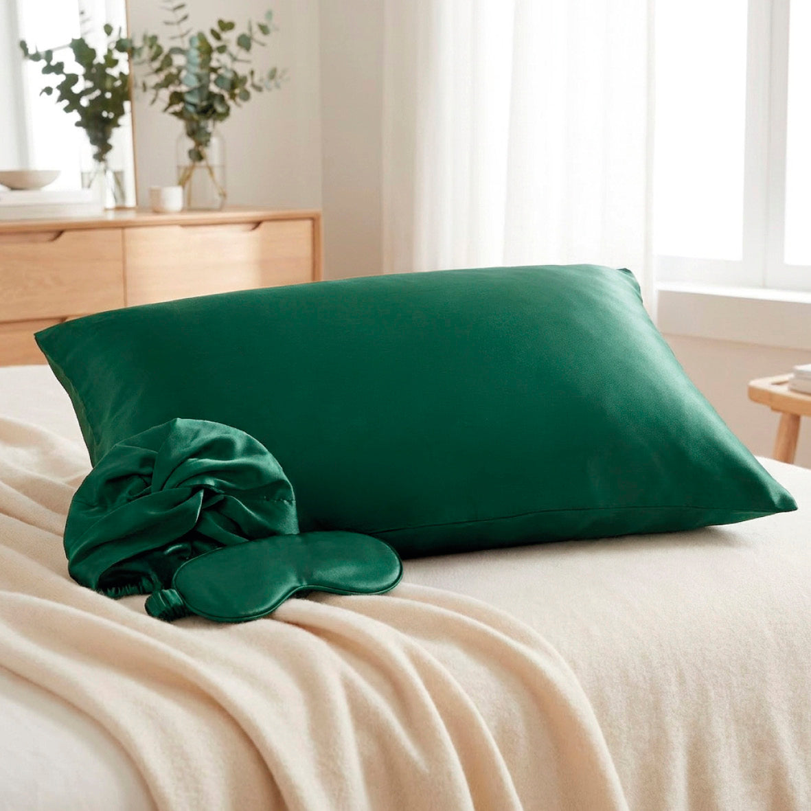 Pillowcase + eyemask + nightcap silk - Lunéia Sage green