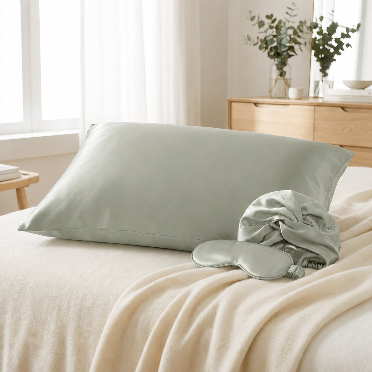 Pillowcase + eyemask + nightcap silk - Lunéia Sage green