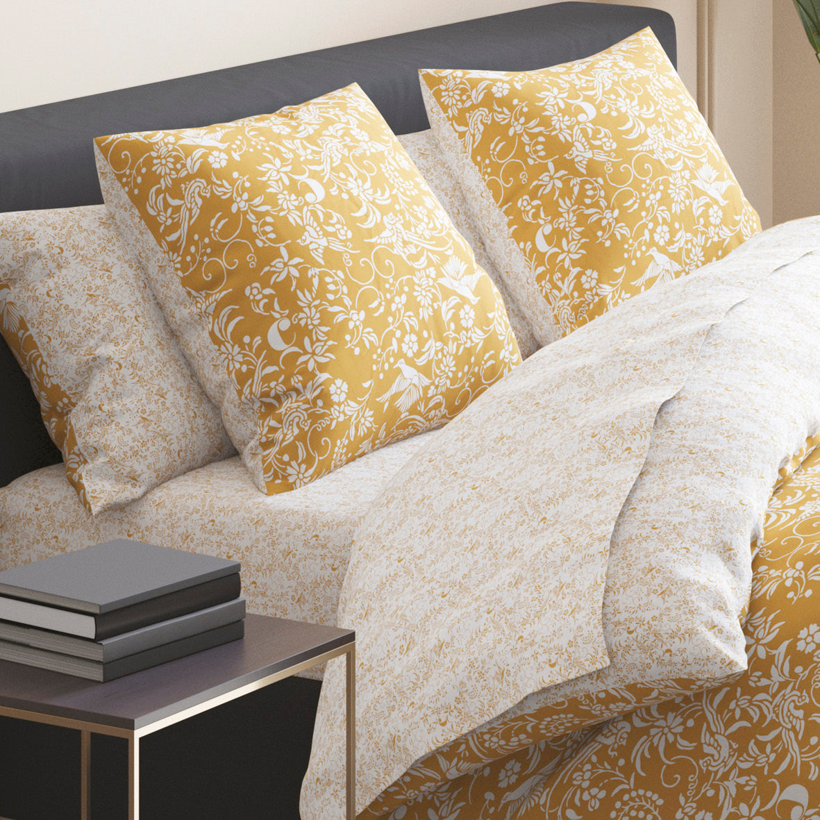 Fitted sheet cotton satin - Birds Yellow