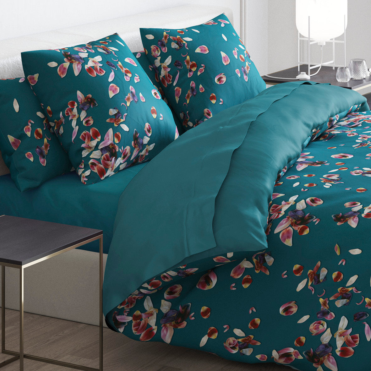 Duvet cover + pillowcase(s) cotton satin - Aurore Green / Dark green