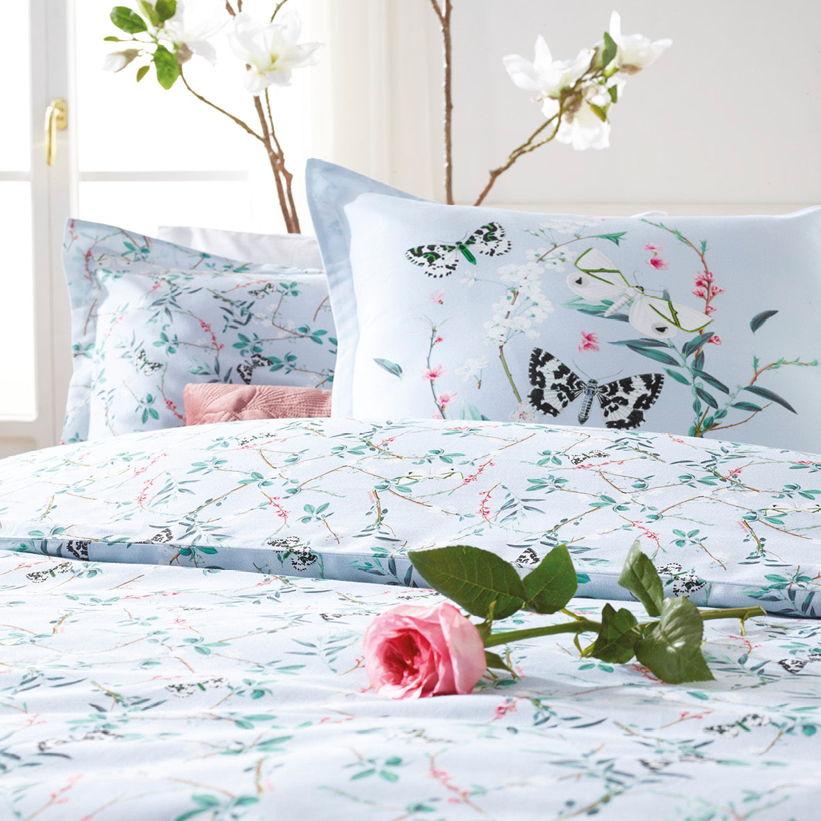 Duvet cover + pillowcase(s) cotton satin - Buddleia Small Teal