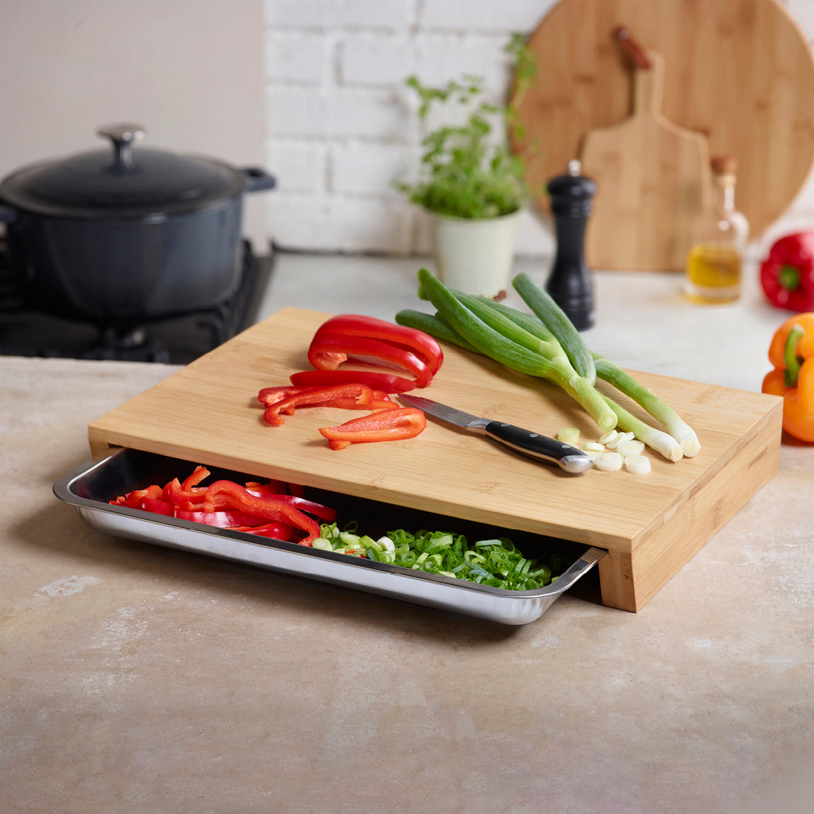 Cutting block - Bamboo + stainless steel insert tray - Wood / silver