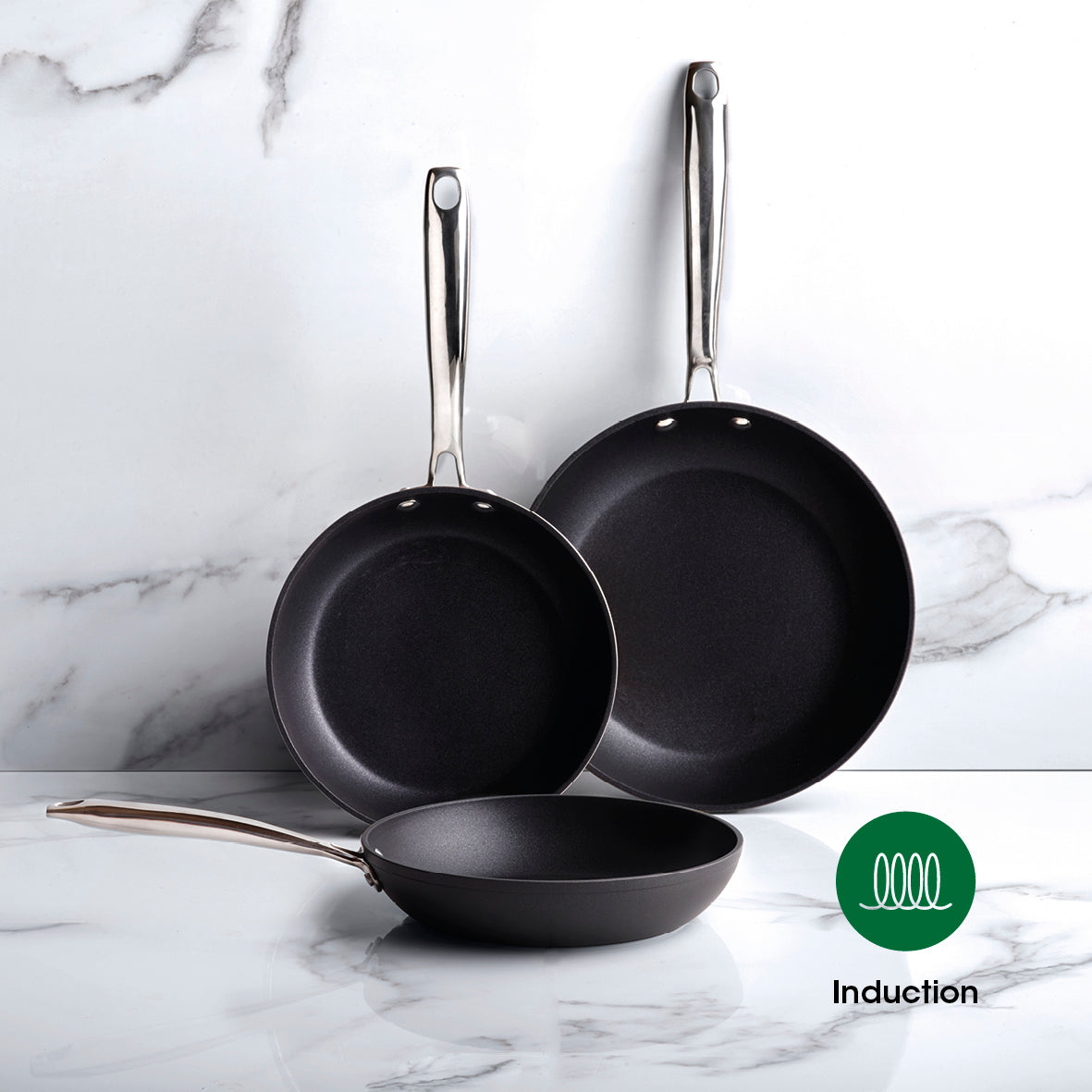 Set de 3 poêles Alux Pro - en aluminium forgé et acier inoxydable - 20 + 24 + 28 cm - Noir