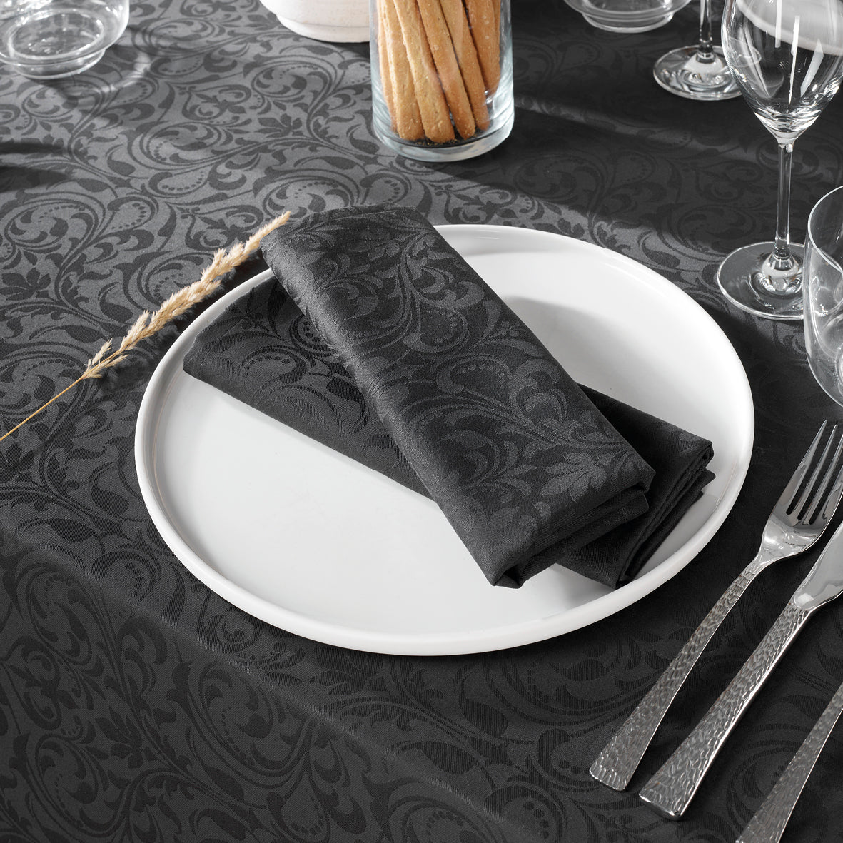 Set de 4 serviettes tissé Jacquard Fleurette - 50 x 50 cm - Gris foncé