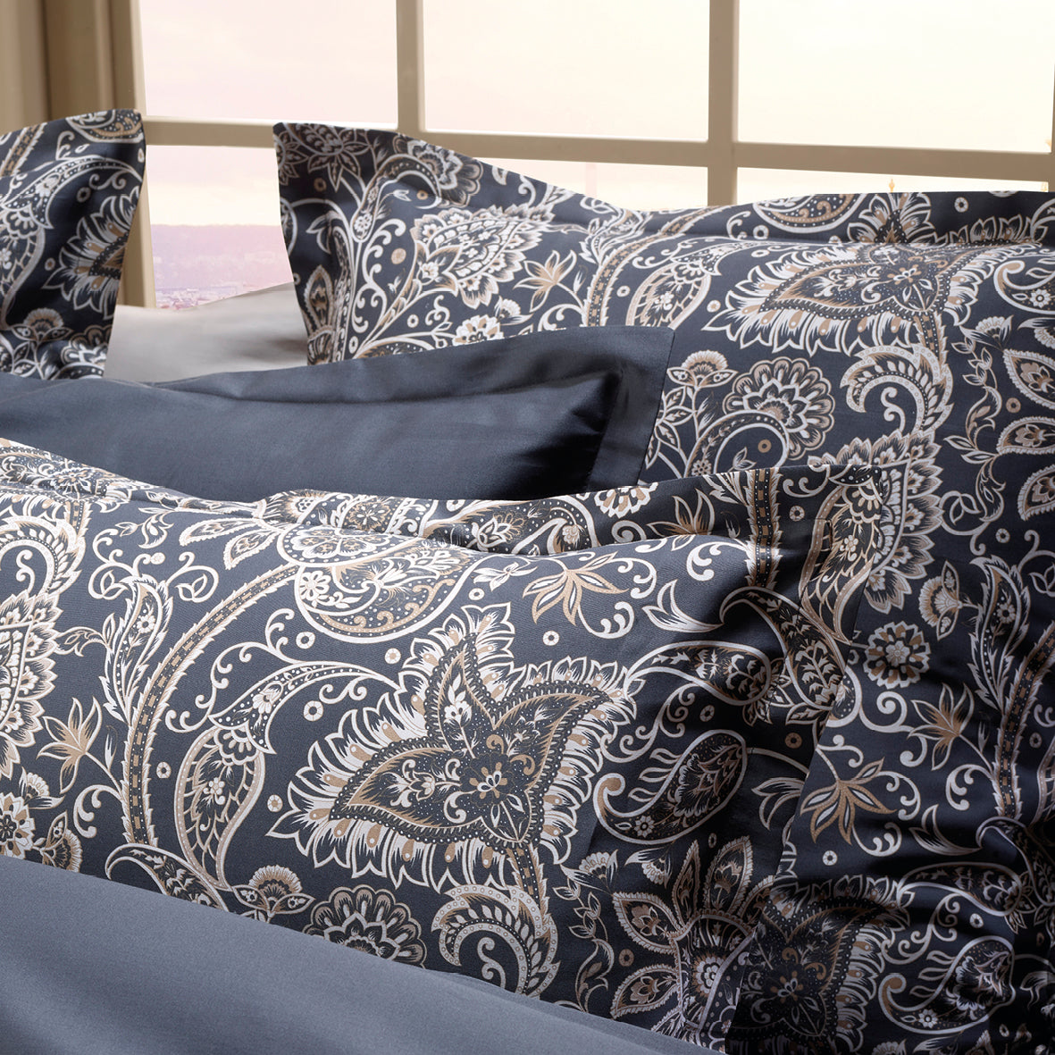 Drap plat satin de coton - Paisley Gris / Taupe