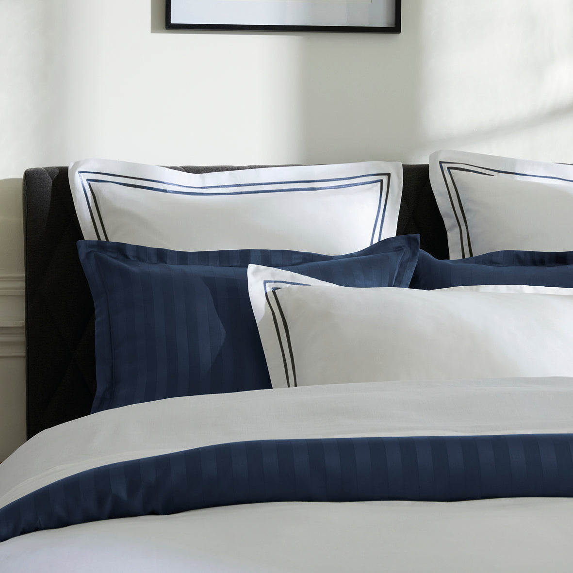 Flat sheet cotton satin - Bastia Dark blue / White