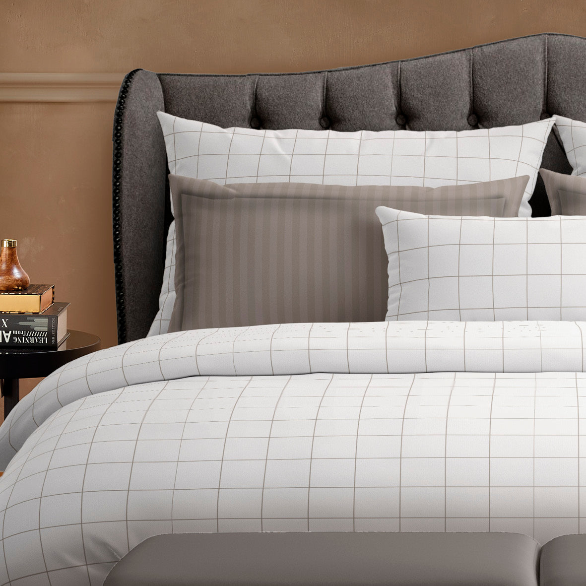 Duvet cover + pillowcase(s) cotton satin - Motif à carreaux White / Taupe
