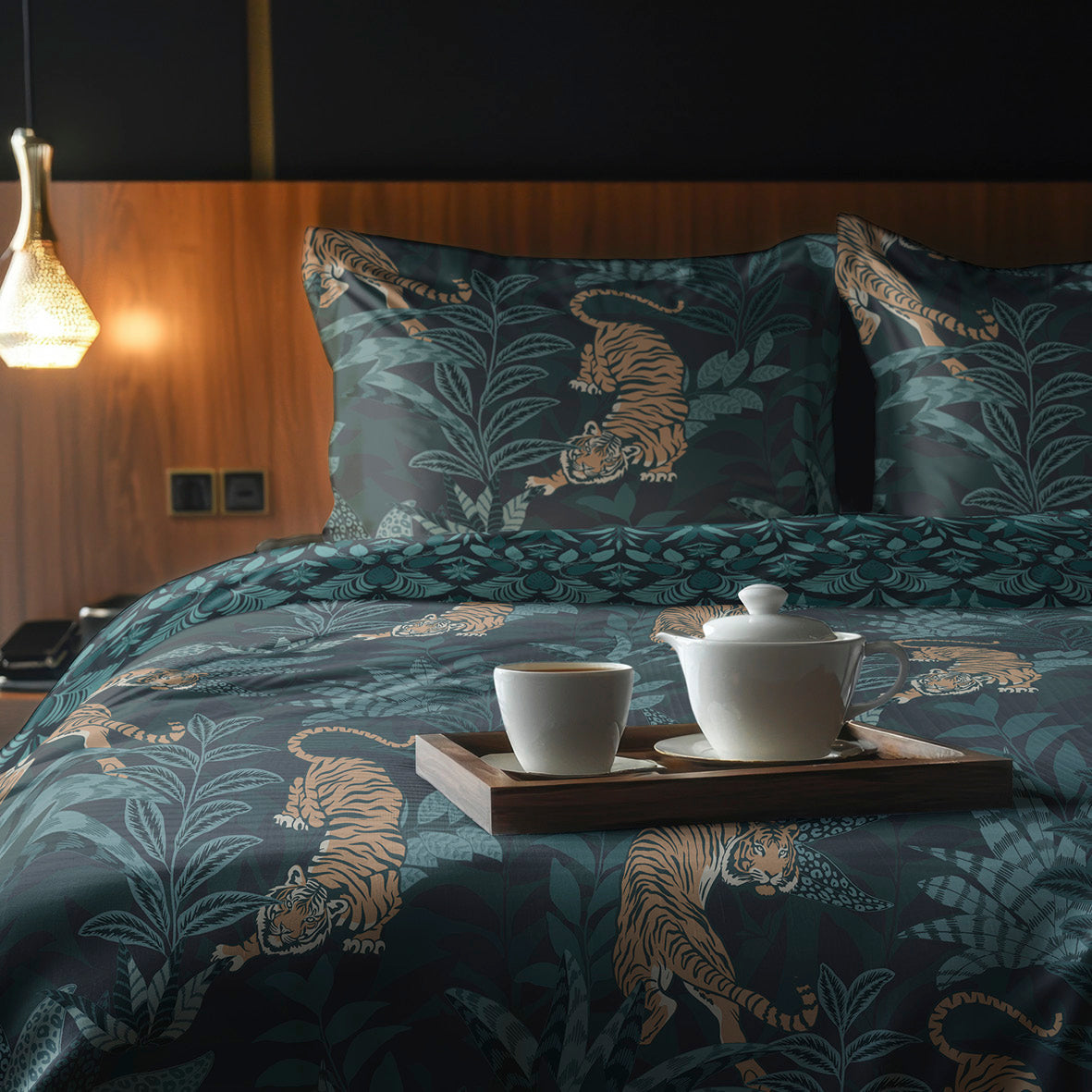 Pillowcase cotton satin - Feuillage émeraude Dark blue