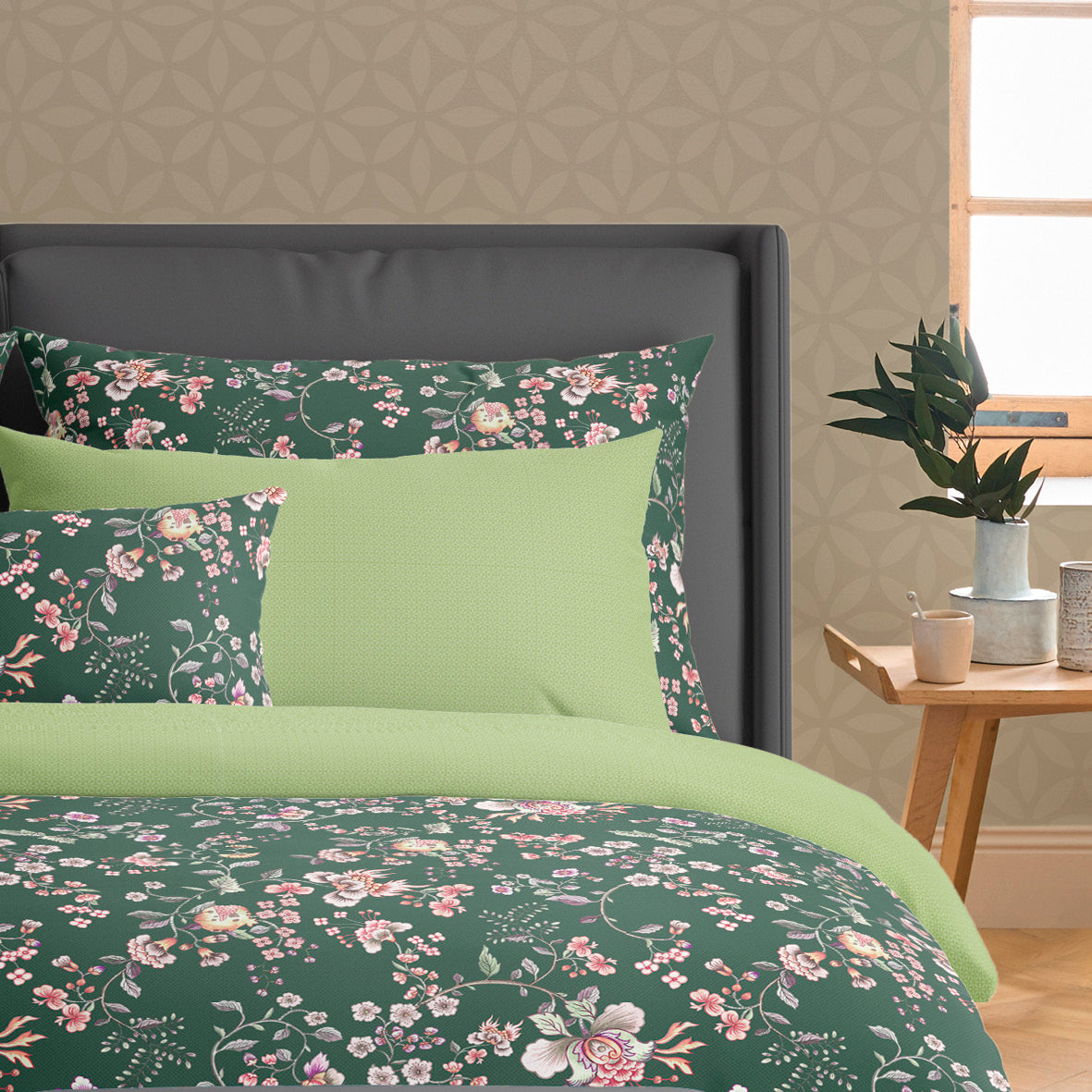Duvet cover + pillowcase(s) cotton satin - Murmure floral Green