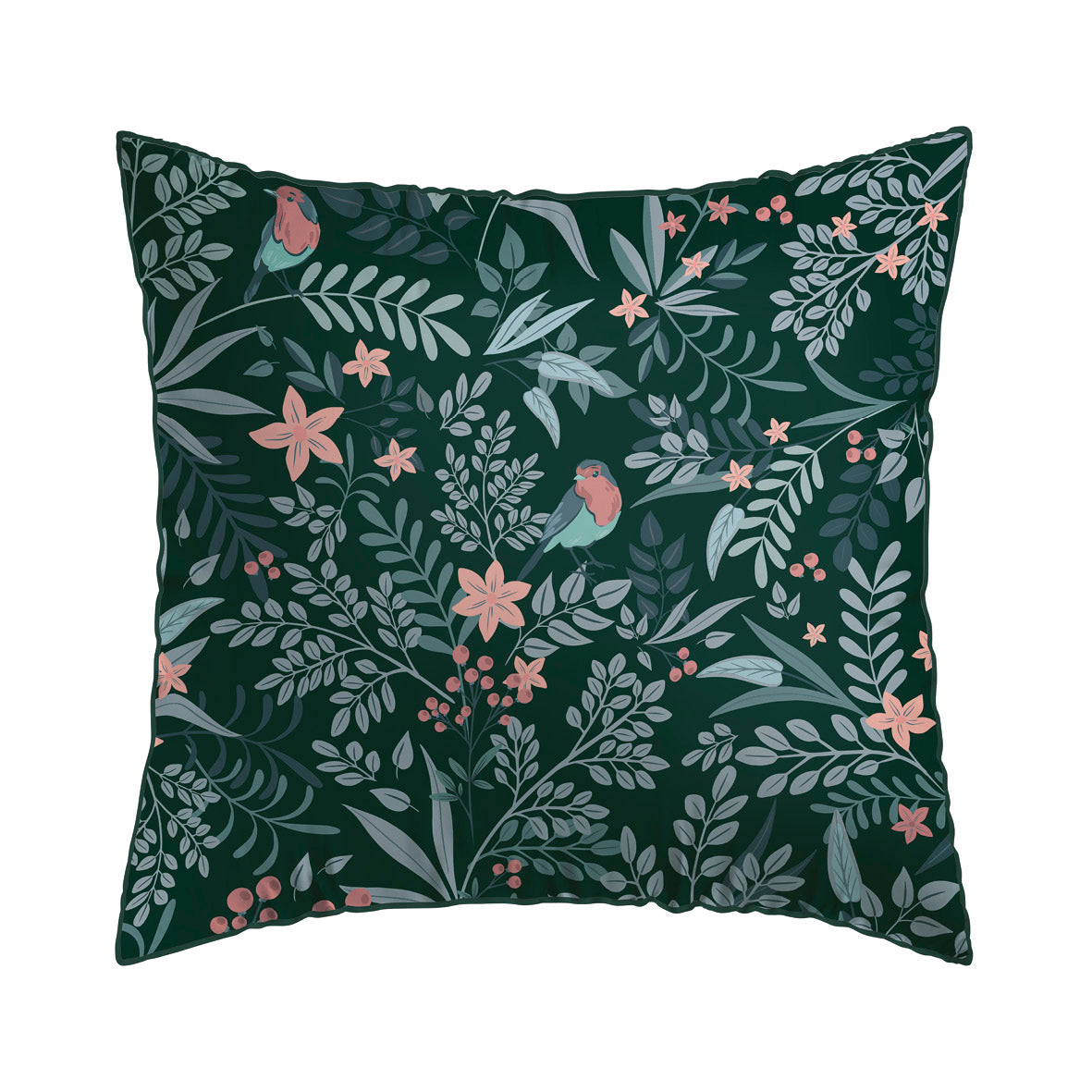 Pillowcase(s) cotton satin - Harmonie des oiseaux Green 2 x (63 x 63 cm)