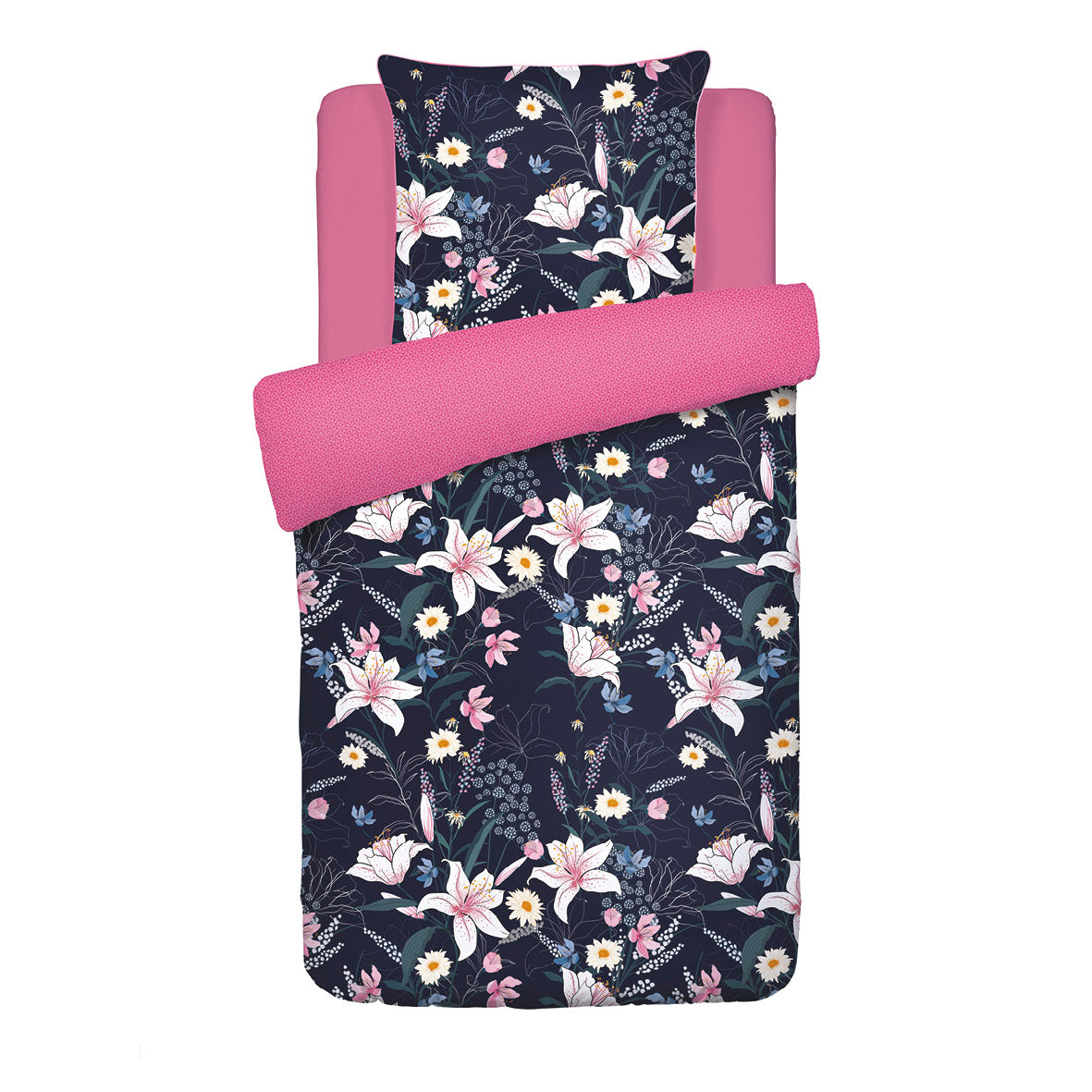 Duvet cover + pillowcase(s) cotton satin - Jardin rêveur Dark blue / Pink