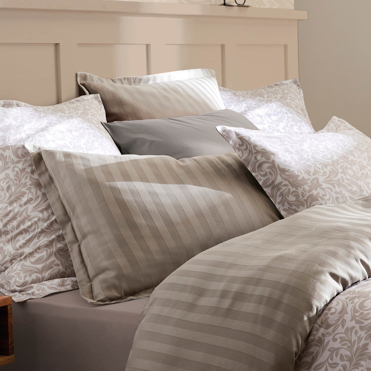 Flat sheet cotton satin - Damask Floralia Taupe