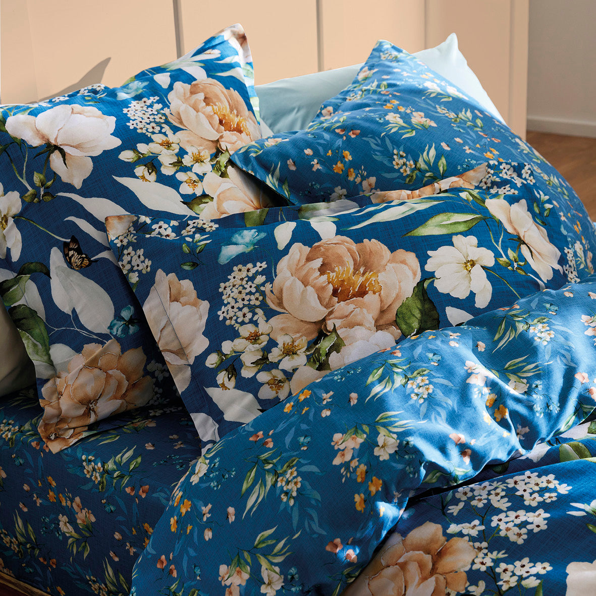 Flat sheet cotton satin - Jardin de Fleurs Blue