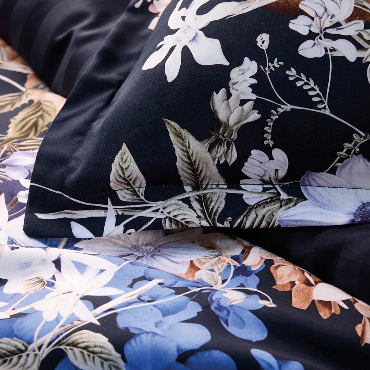 Flat sheet cotton satin - Floraison d'hortensias Blue
