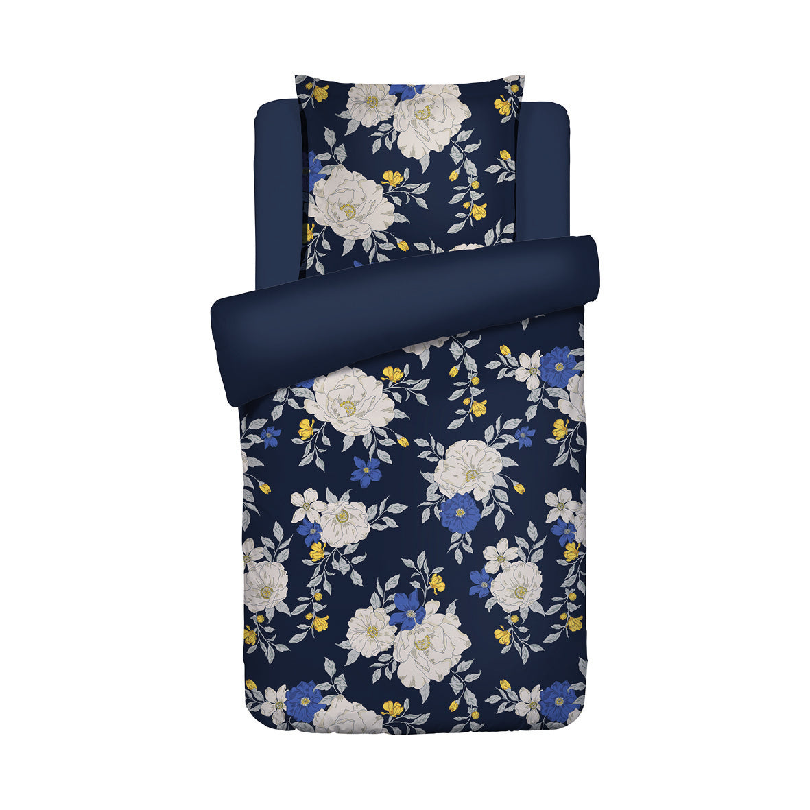 Duvet cover + pillowcase cotton satin - Nuit fleurie Dark blue 140 x 200 cm + 63 x 63 cm