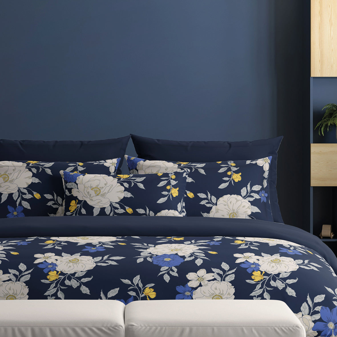 Flat sheet cotton satin - Nuit Fleurie Dark blue