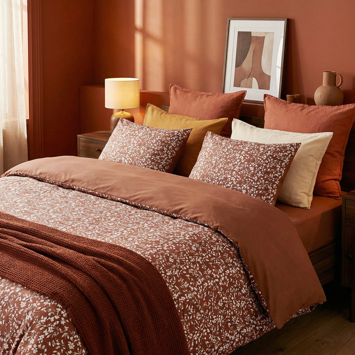 Duvet cover + pillowcase cotton satin - Floréal Terracotta