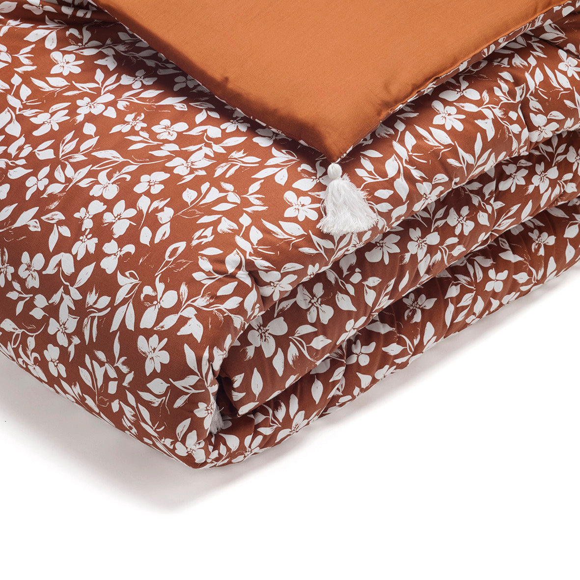 Quilt with tassels cotton satin - Floréal Terracotta - 140 x 200 cm