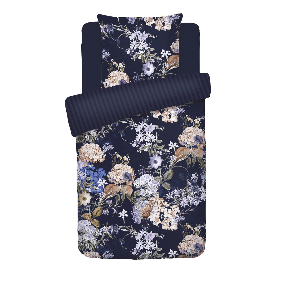 Duvet cover + pillowcase(s) cotton satin - Floraison d'hortensias dark blue