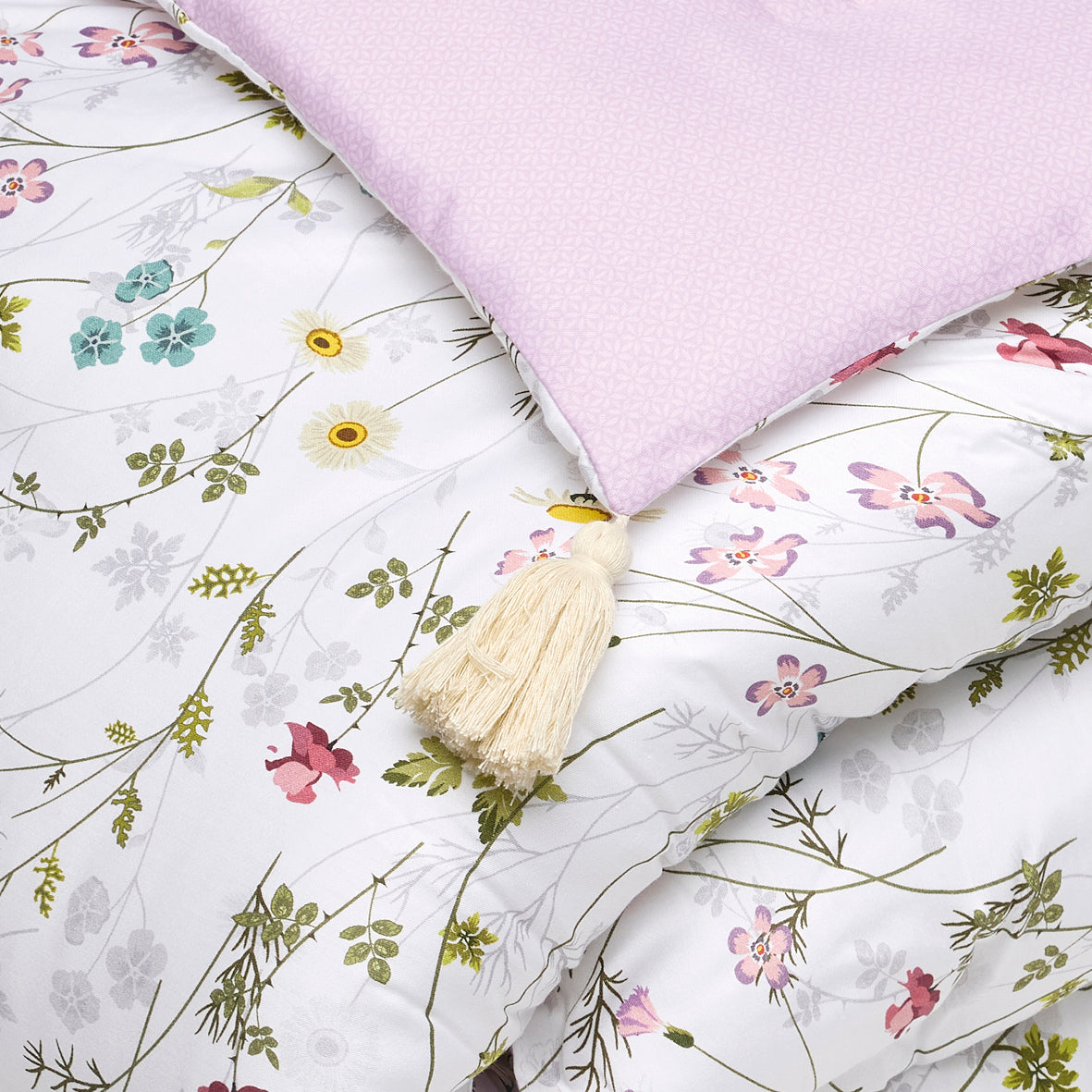Quilt with tassels Fleurs sauvages White / Purple - 140 x 200 cm