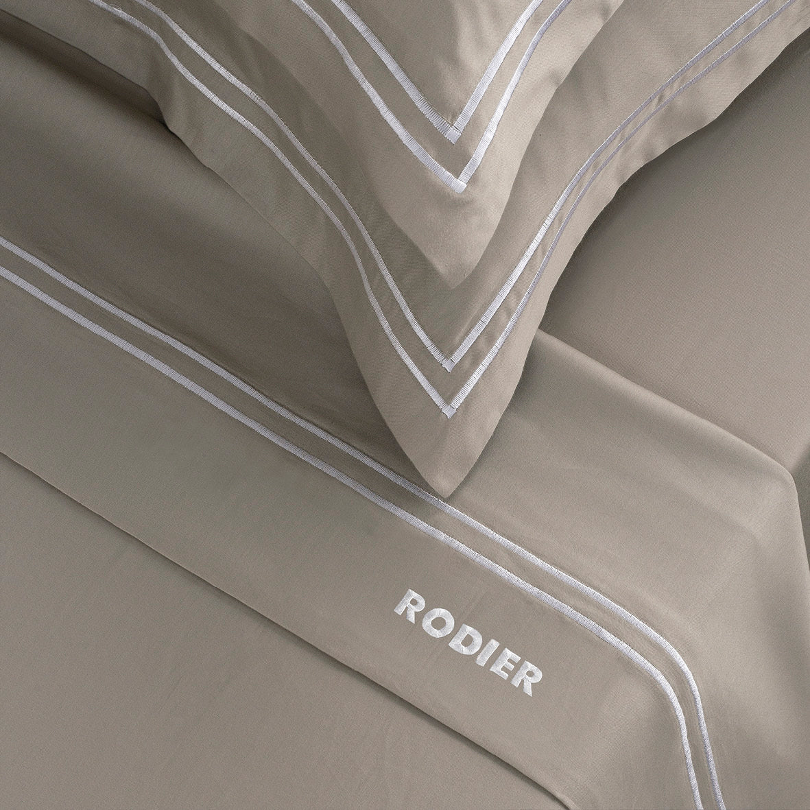 Ensemble de draps satin de coton - Nice Blanc / Taupe