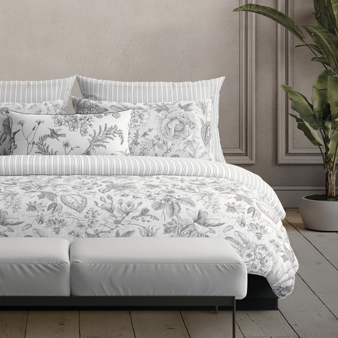 Taie(s) d'oreiller satin de coton - Fleurs esquissées Blanc