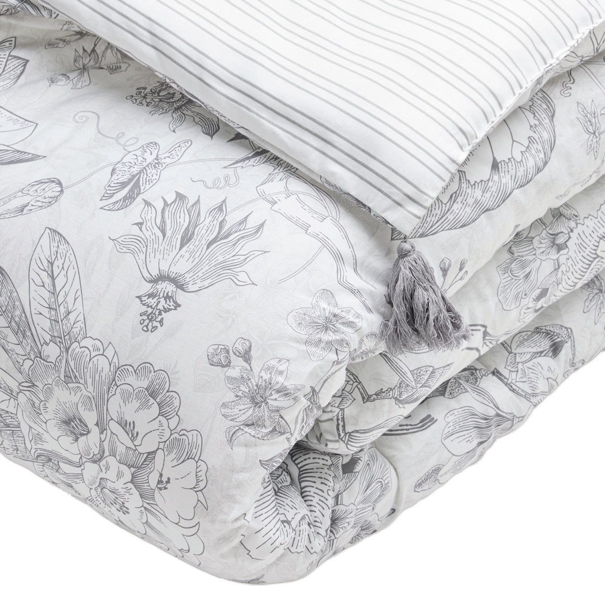 Édredon avec glands - Fleurs esquissées Blanc