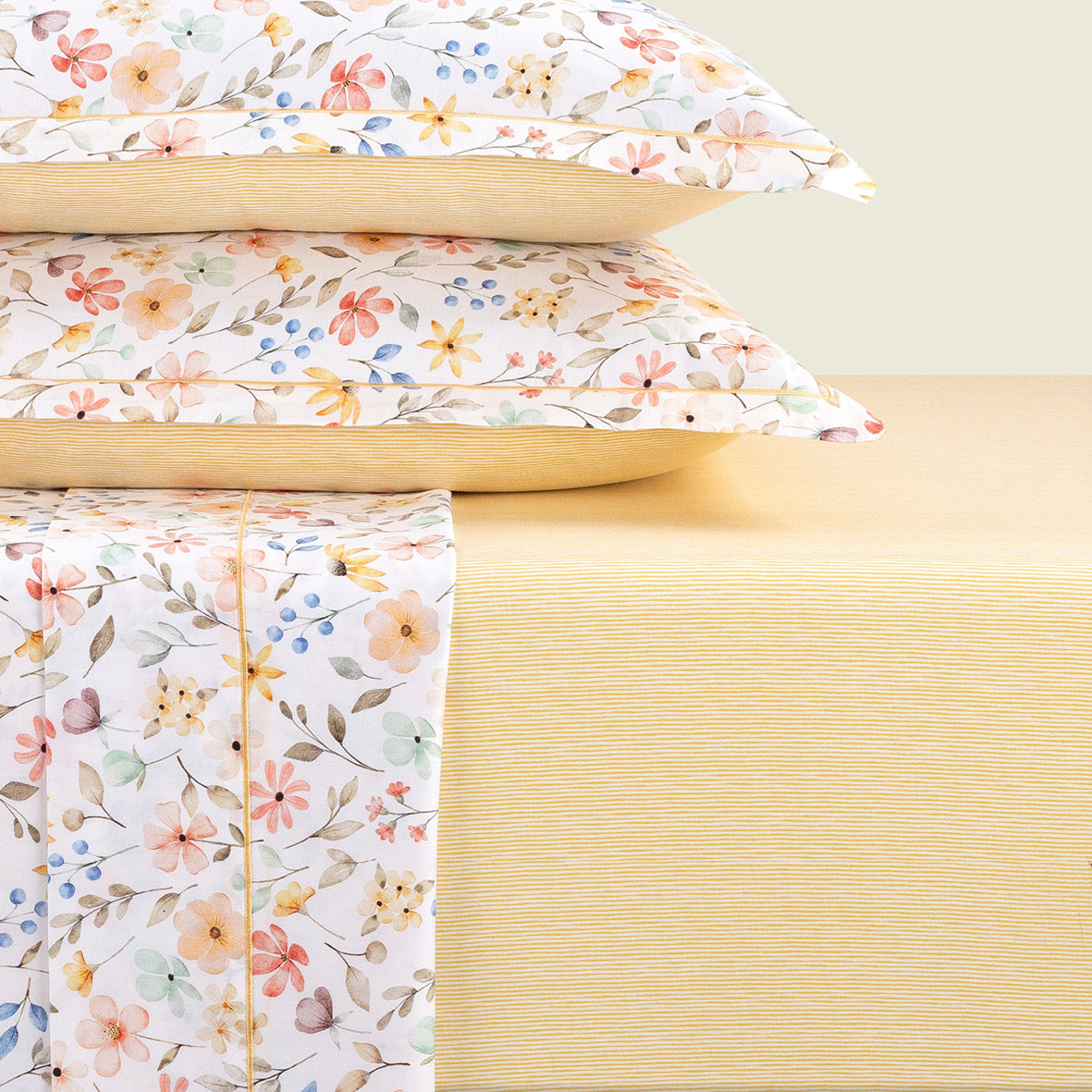 Fitted sheet cotton satin - Lignes peintes Yellow
