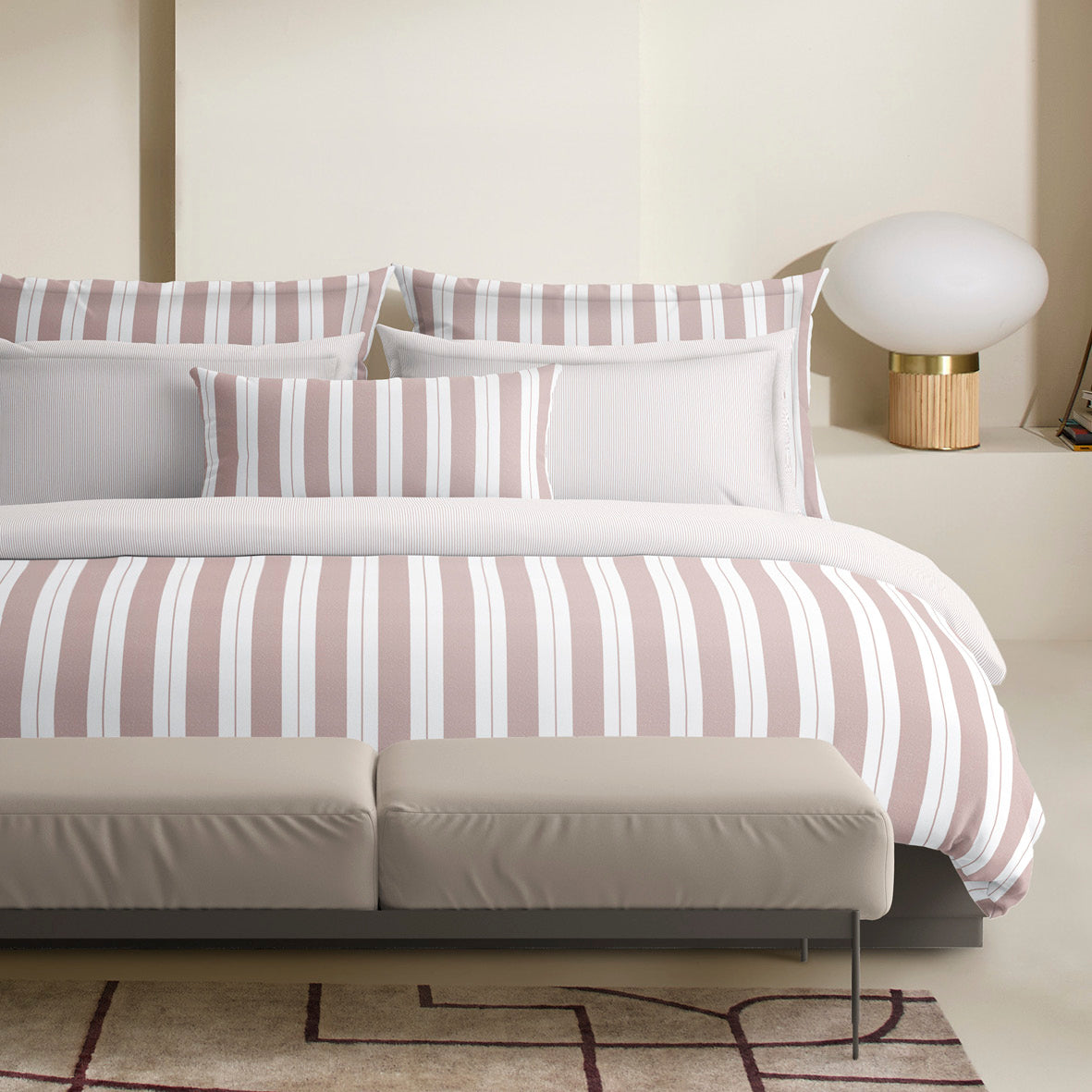 Taie(s) d'oreiller satin de coton - Fines lignes Vieux rose