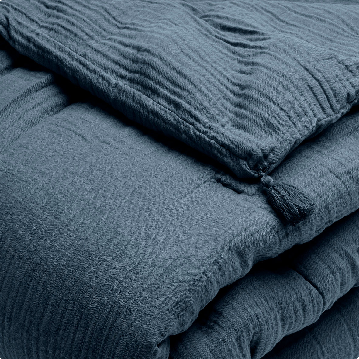 Quilt with tassels cotton gauze - Uni Blue 14 - 140 x 200 cm